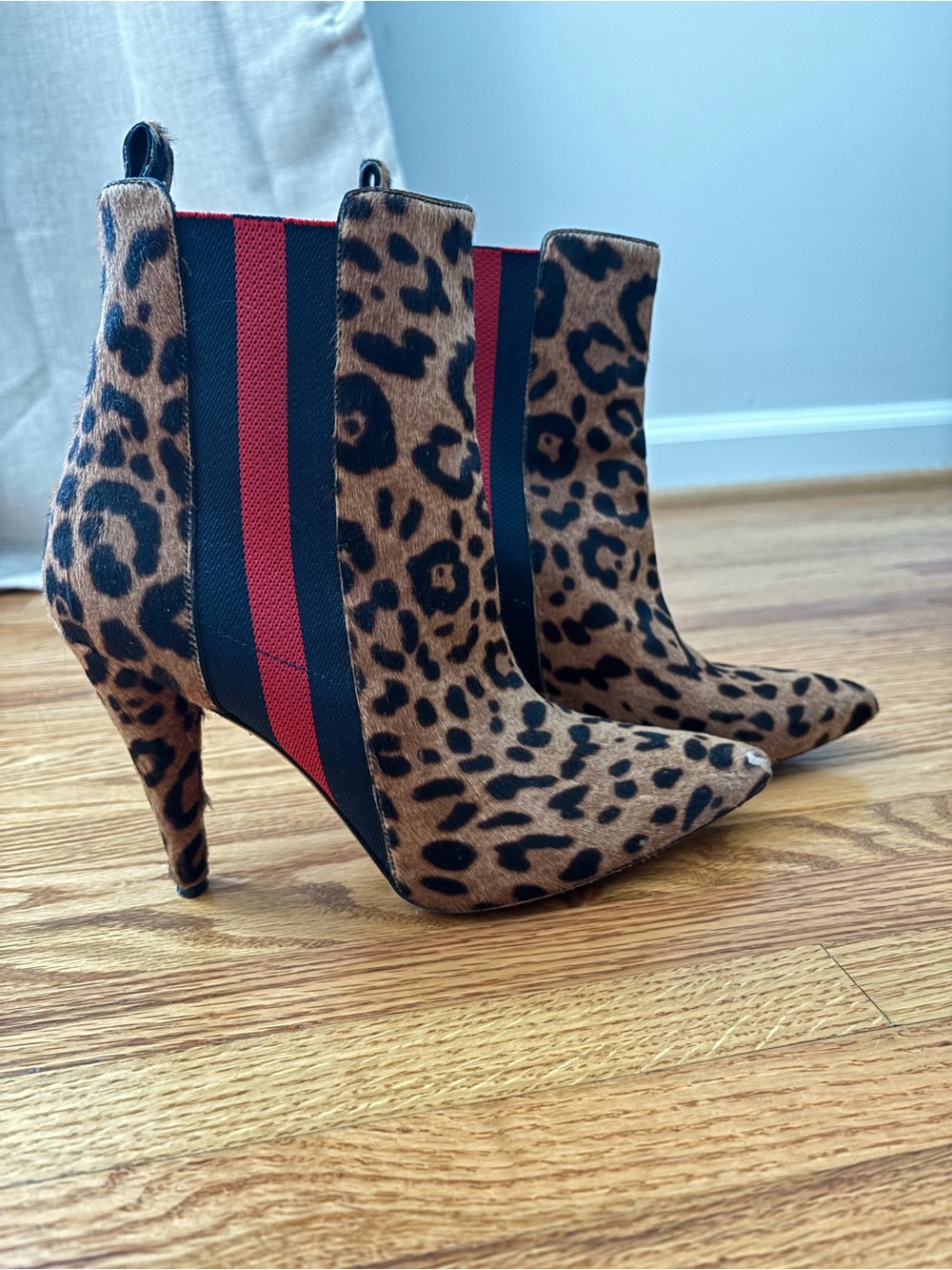 Veronica Beard Leopard Print Pointed Ankle Boots with Red & Black Stripes